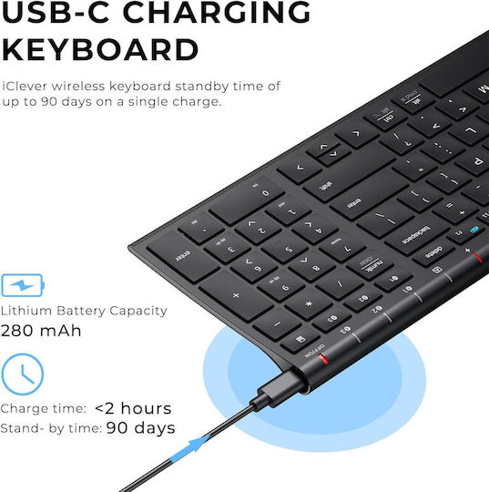 iClever IC-BK10 Ασύρματο Bluetooth Πληκτρολόγιο Αγγλικό US Γκρι