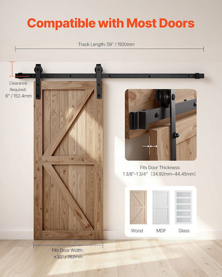 Vevor Sliding Door Mechanism For Wooden Door 152.4cm Black