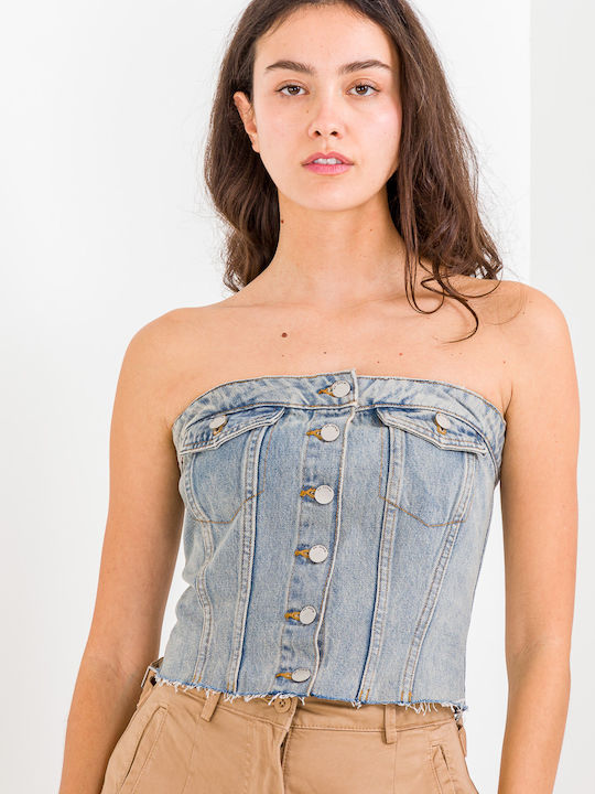 Women's Blouse Cotton Strapless Blue