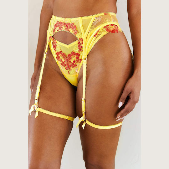 Thaleia Yellow Lingerie Set Red Embroidery Underwire Garters