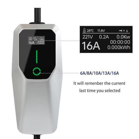 Schuko Type 2 Electric Car Charging Cable 6-16a 3.6kw 4 Meters Ip56 Led Screen Time Delay Grey Black
