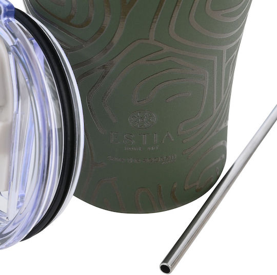 Estia Coffee Mug Save The Aegean Recyclable Glass Thermos Stainless Steel BPA Free 350ml Olive Flow with Straw