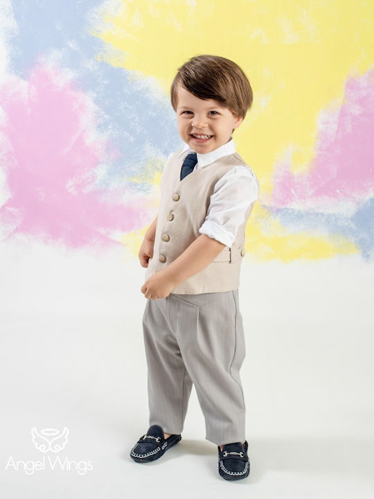 Angel Wings Baptism Suit with Vest for Boy Beige 5 Pieces