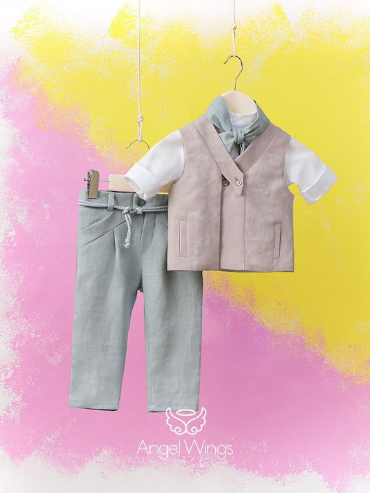 Angel Wings Baptism Suit with Vest for Boys Beige 5 Pieces