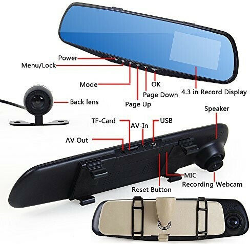 1080P Mirror Car DVR Set with Rear Camera, 4.3" Display with Clip