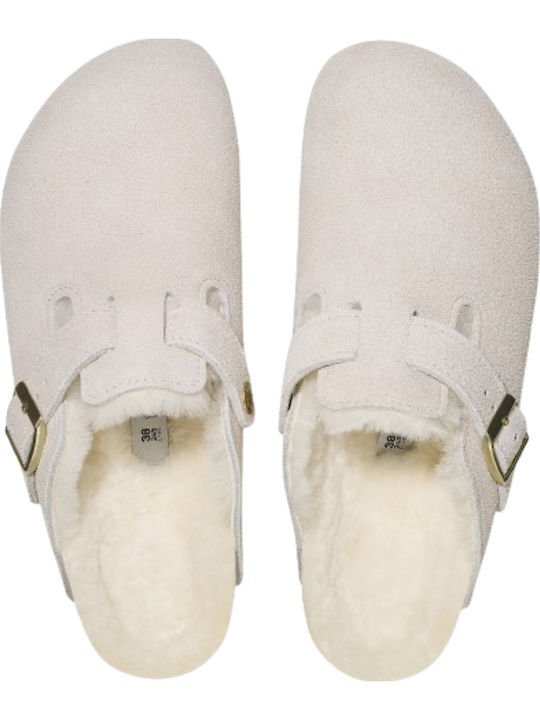Boston Shearling Suede Χειμερινές Γυναικείες Παντόφλες με Γούνα Λευκές Narrow Fit