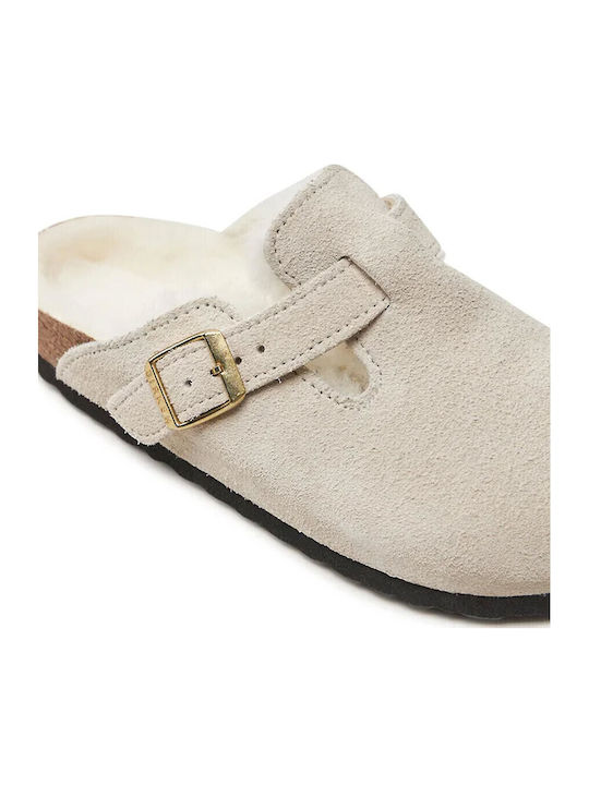 Boston Shearling Suede Χειμερινές Γυναικείες Παντόφλες με Γούνα Λευκές Narrow Fit