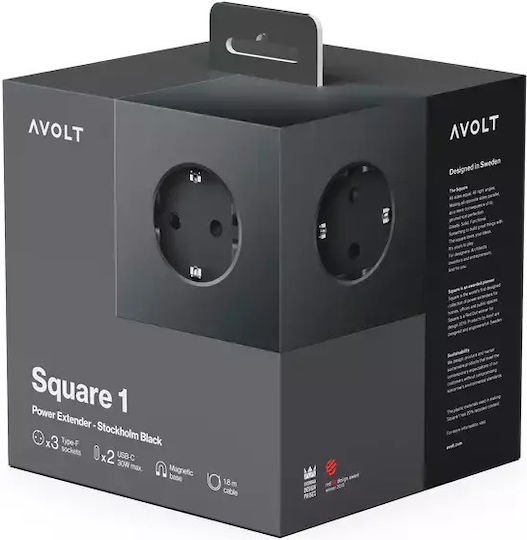 AVOLT Square Power Strip with Surge Protection 2 Positions with 2 USB-A, USB-C and Cable 1.8m