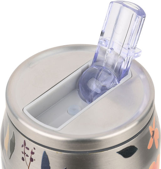 Estia Travel Cup Save the Aegean Recyclable Thermos Bottle Stainless Steel / Plastic BPA Free 500ml Silver Botanic with Straw