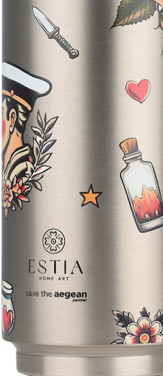Estia Travel Cup Save the Aegean Recycelbar Glas Thermosflasche Rostfreier Stahl / Kunststoff BPA Frei 500ml old School mit Stroh