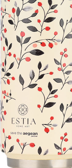 Estia Travel Cup Save the Aegean Recyclable Thermos Bottle Stainless Steel / Plastic BPA Free 500ml Bloom Beige with Straw