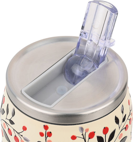 Estia Travel Cup Save the Aegean Recyclable Thermos Bottle Stainless Steel / Plastic BPA Free 500ml Bloom Beige with Straw