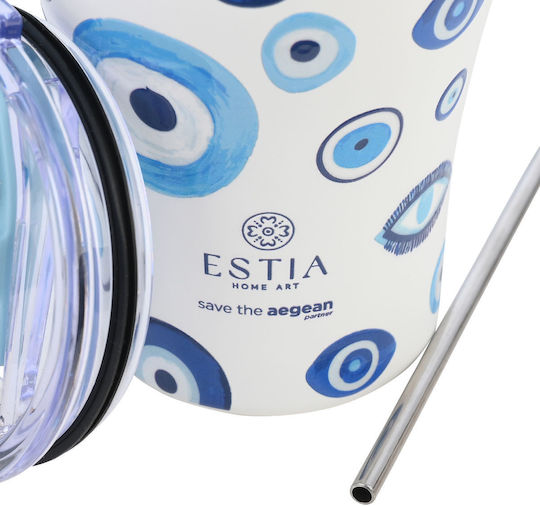 Estia Coffee Mug Save The Aegean Recyclable Glass Thermos Stainless Steel BPA Free 350ml Spirit Of Luck with Straw