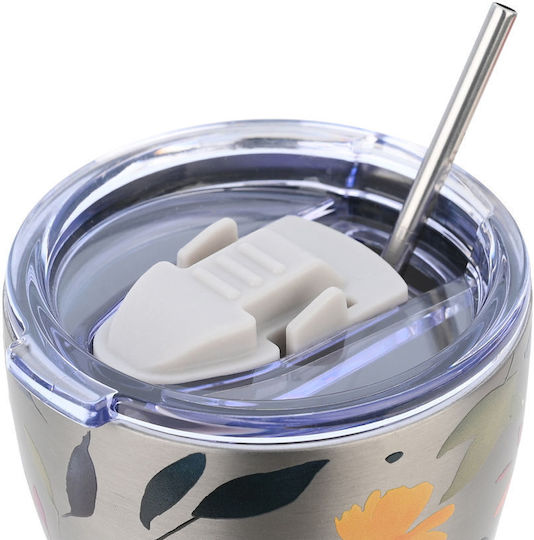 Estia Coffee Mug Save The Aegean Recyclable Glass Thermos Stainless Steel BPA Free 350ml Silver Botanic with Straw