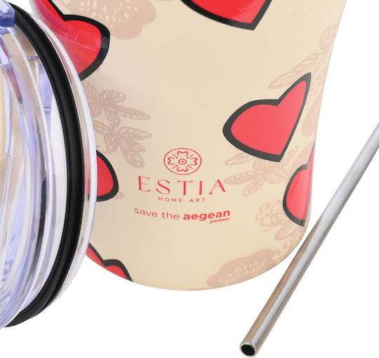 Estia Coffee Mug Save The Aegean Recyclable Glass Thermos Stainless Steel BPA Free 350ml Tender Lace with Straw