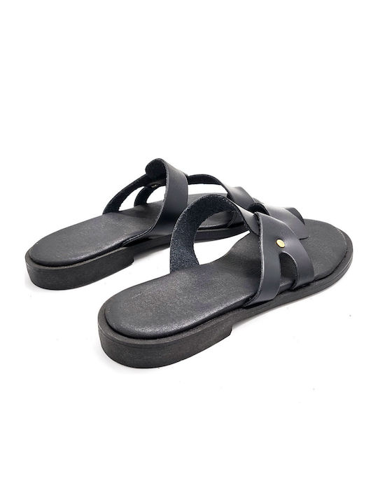 Leather Women's Flat Sandals in Black Color