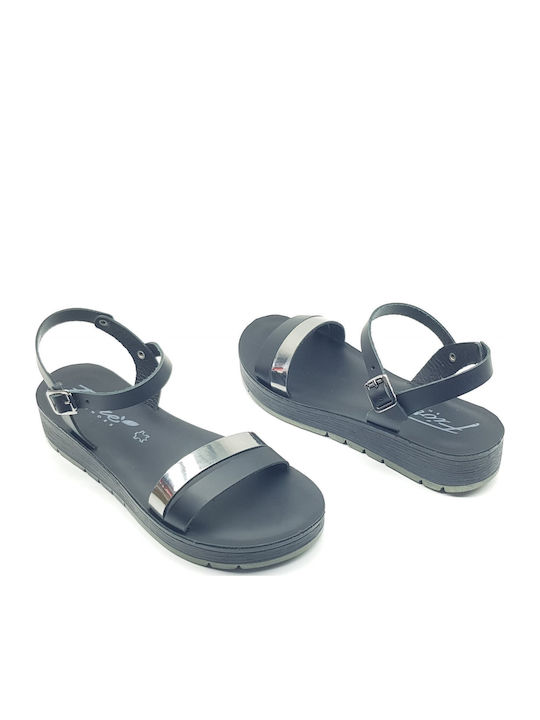 Leather Women's Flat Sandals Flatforms in Black Color