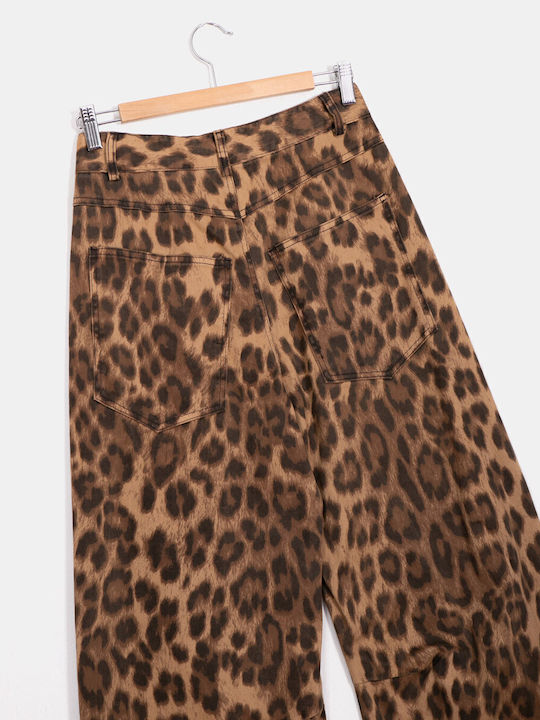 Women's High-Waisted Animal Print Trousers Brown Brown