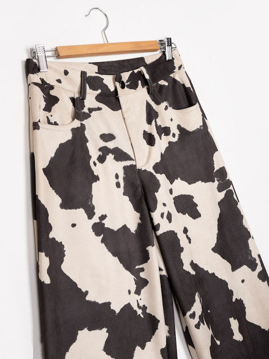Women's High-Waisted Printed Trousers Beige Beige