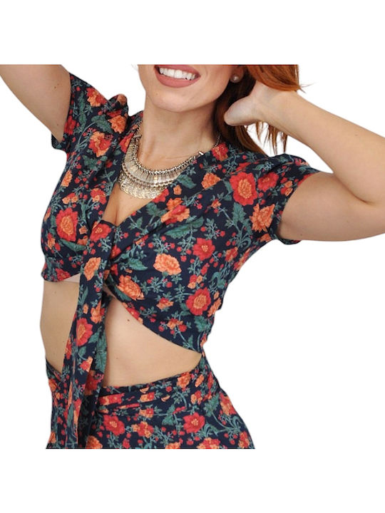 Women's Blue Set with High-waisted Pants Floral
