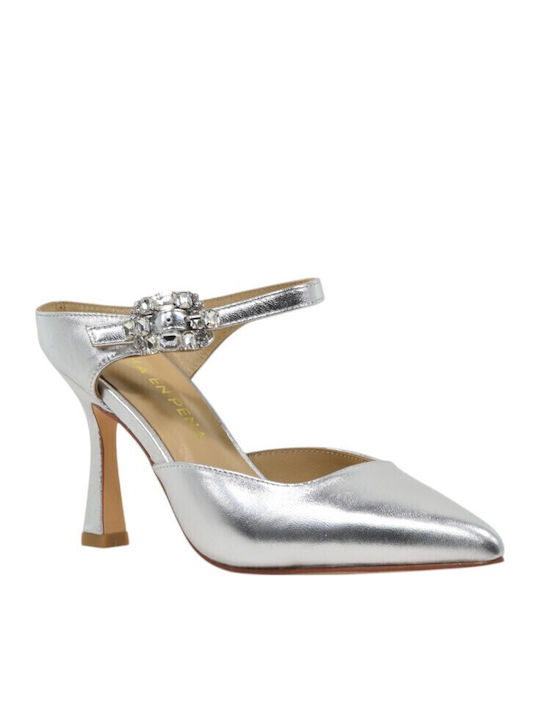 Leather Mules with Heel in Silver Color