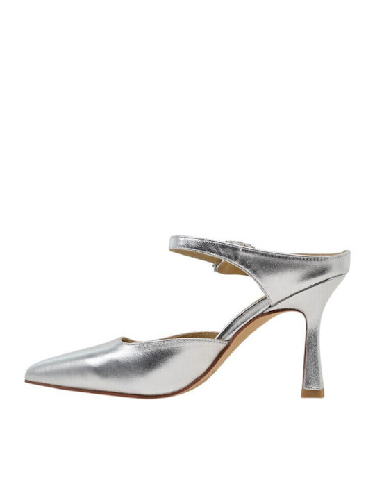 Leather Mules with Heel in Silver Color