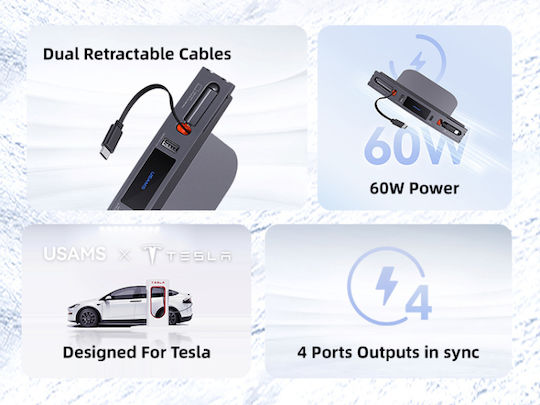 Usams Φορτιστής Αυτοκινήτου Us-sj649 Tesla 3/y 2x Καλώδια Usb/usb-c Θύρες 60w Γκρι Sj649hub01