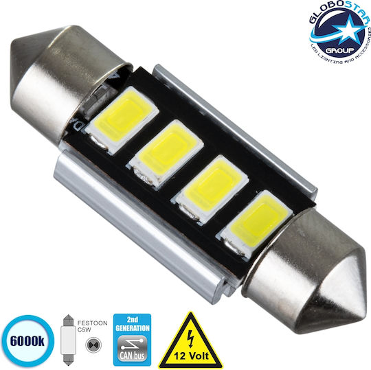 GloboStar Λάμπα Αυτοκινήτου C5W Canbus LED 6000K Ψυχρό Λευκό 12V 3W 1τμχ 40155
