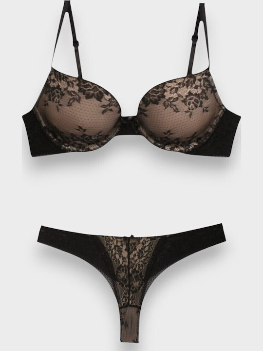 Norddiva Lace Underwear Set with Bra & Brazil Black - Beige
