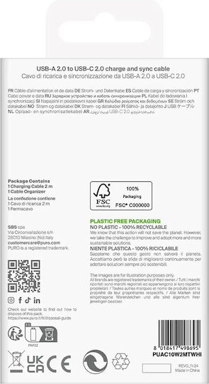 Puro USB 2.0 Cable USB-C male - USB-A 10W Λευκό 2m