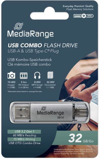 MediaRange 32GB USB 3.0 Stick with connection USB-A & USB-C Gray