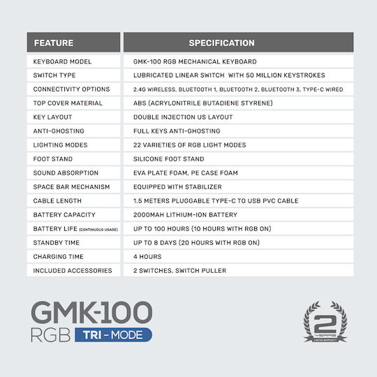Armaggeddon GMK-100 Ασύρματο Gaming Μηχανικό Πληκτρολόγιο 60% με Custom Linear διακόπτες και RGB φωτισμό (Αγγλικό US) Spring