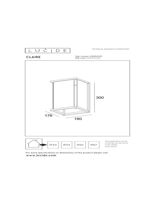 Lucide Lightning Claire Стенно Външно Осветително Тяло E27 IP54