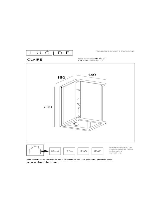 Lucide Lightning Claire Επιτοίχιο Εξωτερικό Φωτιστικό E27 IP54