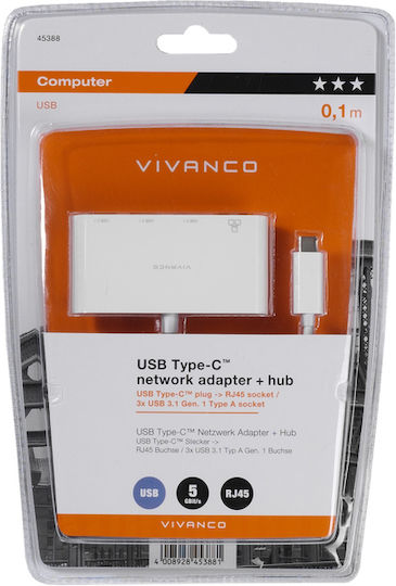 Vivanco USB-Hub 4 Anschlüsse USB 3.1 mit USB-C Anschluss Ethernet Weiß