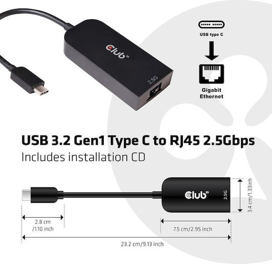 Club3D CAC-1520 USB-C Адаптер за Мрежа с Проводниково Свързване Ethernet