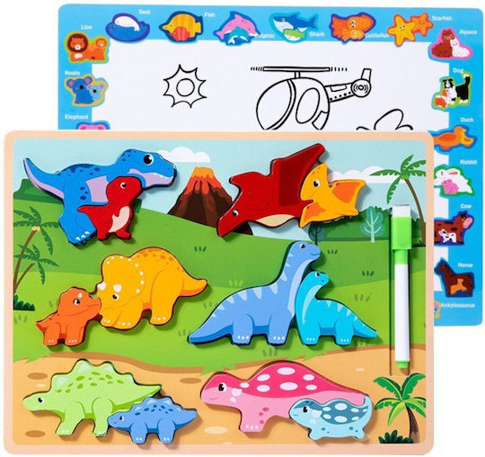 2-in-1 Wooden Educational Puzzle Board Dinosaur Markers 12 Pieces