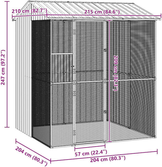 Vidaxl Κλουβί Πουλιών Γκρι 215x210x247 Εκ Χάλυβας Γκρι