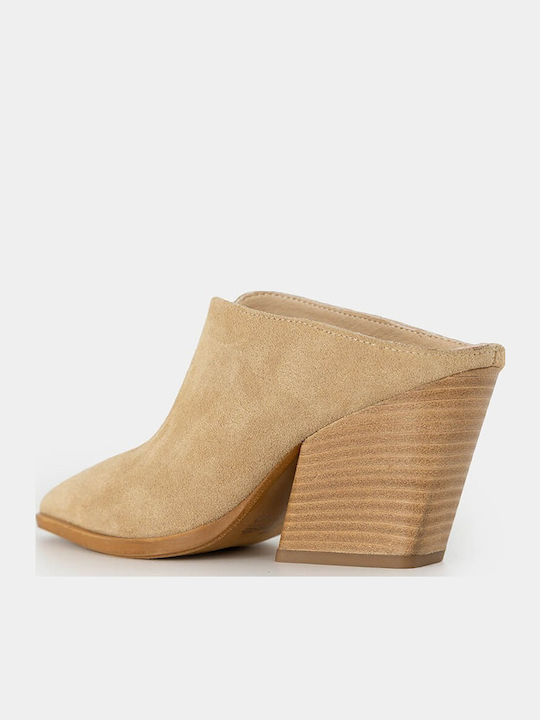 Leather Mules with Chunky High Heel in Beige Color