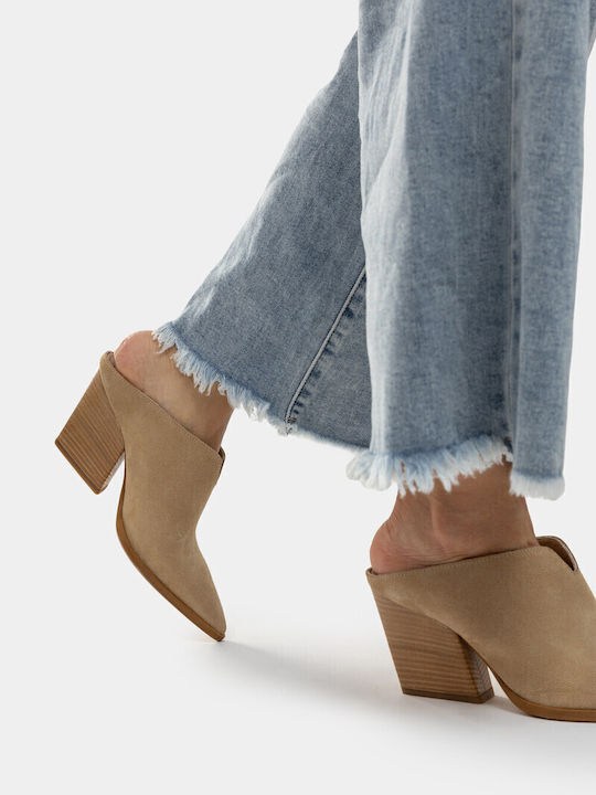 Leather Mules with Chunky High Heel in Beige Color
