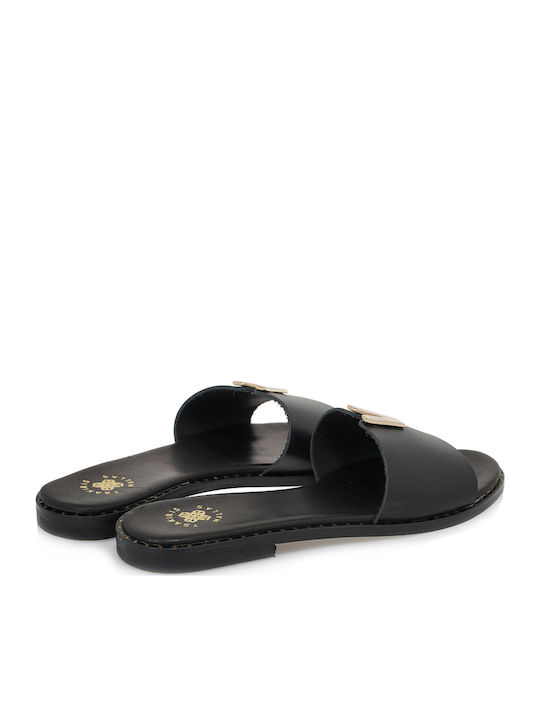 Leather Women's Flat Sandals in Black Color