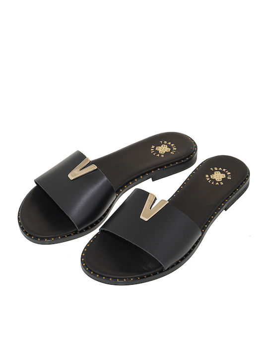 Leather Women's Flat Sandals in Black Color