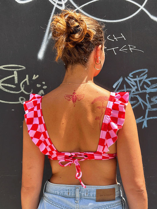Triangle Bikini Top with Ruffles Pink / Red