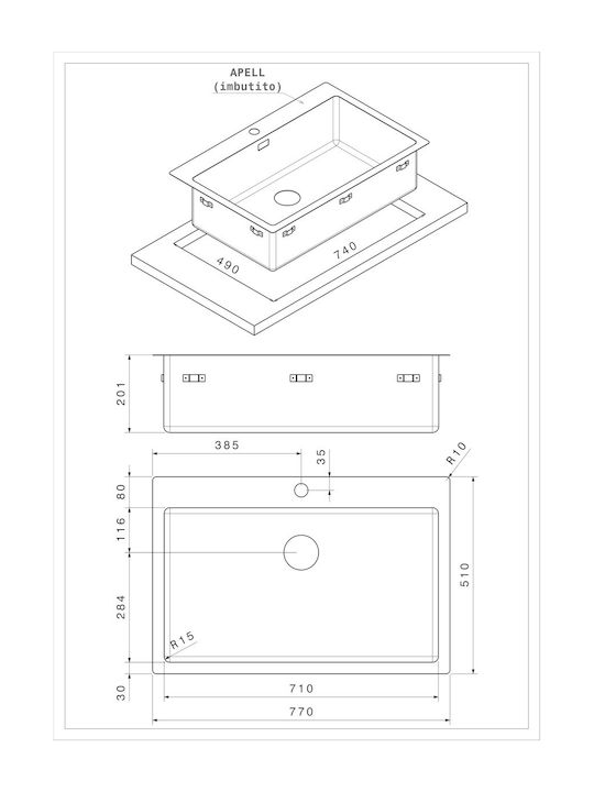 Apell Linear Plus LNP77 Ένθετος Νεροχύτης Inox Σατινέ Μ77xΠ51cm Ασημί