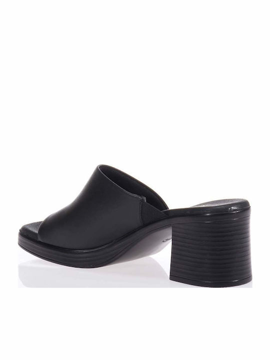 Leather Mules with Chunky Low Heel in Black Color