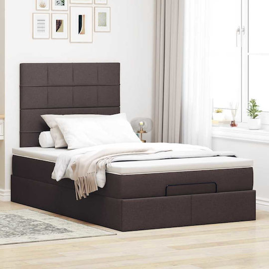 Pat King Size Îmbrăcat cu Material Maro Închis cu Plăci și Saltea 190x190cm