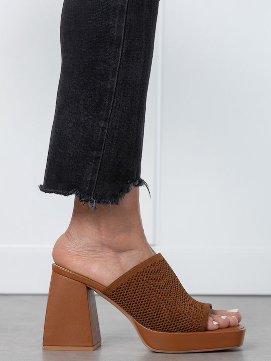 Leather Mules with Chunky High Heel in Tabac Brown Color