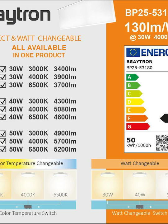 Braytron Rectangular Outdoor LED Panel 50W with Warm to Cool White Light 120x30cm