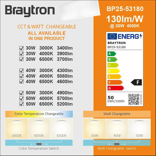 Braytron Rectangular Outdoor LED Panel 50W with Warm to Cool White Light 120x30cm