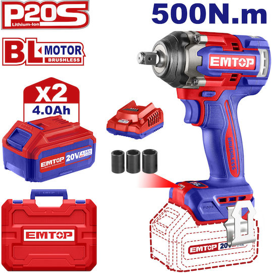 Emtop ECIWL2050 Fără perii Cheie de impact Baterie 20V 2x4Ah cu Priză 1/2"